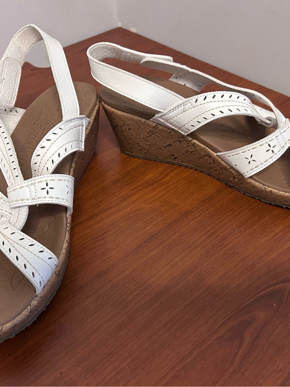 Skechers White Slingback Wedge Sandals with Cork-Look Heel